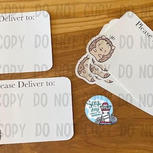 May include: A set of blank white cards with the text "Please Deliver to:" printed on them. Each card features a cute cartoon hedgehog with the word "Hi" above it. The cards are stacked on a wooden surface.