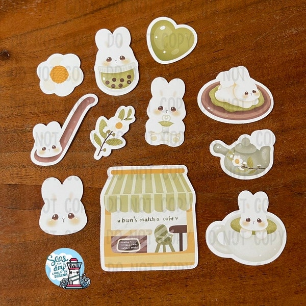 Bunny matcha, matcha cafe, sticker flakes