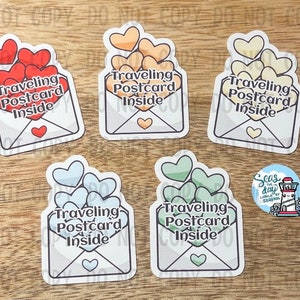 Traveling postcard sticker flakes, TPC, traveling postcard, envelopes, heart filled envelopes, sticker flakes, stickers, snail mail
