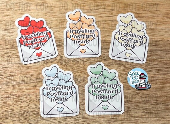 Traveling postcard sticker flakes, TPC, traveling postcard, envelopes, heart filled envelopes, sticker flakes, stickers, snail mail