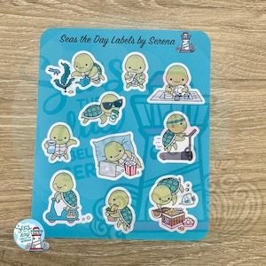 May include: A set of 10 colorful stickers featuring cute cartoon sea turtles doing various activities. The stickers are on a blue background with the text "Seas the Day Labels by Serena".