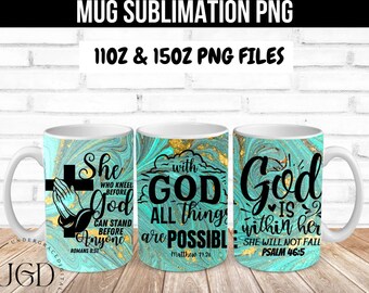 May include: Three white ceramic mugs with teal and gold marble patterns. The mugs feature inspirational quotes about God and faith. The quotes are "She who kneels before God can stand before anyone", "With God all things are possible", and "A God is within her, she will not fail".
