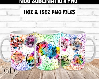 May include: Four white mugs with colorful watercolor designs and inspirational quotes. The quotes include "Jesus the Ultimate Savior", "I Will Not Be Shaken", "Faith Over Fear", and "I Can Do All Things Through Christ Who Strengthens Me".