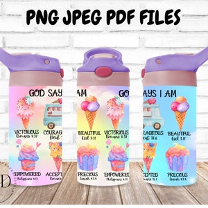 Może przedstawiać: Trzy kolorowe butelki z wodą z tęczowym tłem i grafiką lodów w wafelkach i babeczek. Butelki mają inspirujące cytaty i wersety biblijne. Cytaty to "God Say I Am Go", "Victorious Courage Beautiful", "Rageous Beautiful", "Empowered Accept Precious", "Empowered Accepted Precious".