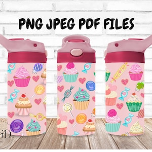 Kids Water Bottle 12oz Skinny Straight Design, Cup Cake Kids Tumbler Template, Sippy Cup Tumbler Png, Digital Download, Sublimation Design