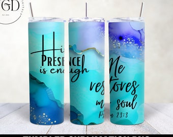 Blauer Becher Wrap, Christlicher Becher PNG, Psalm 23, Sublimation Wrap, Skinny Tumbler Wrap, Sublimation Tumbler Png, er stellt meine Seele wieder her