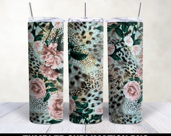 Leopard Becher Png, Skinny Tumble Sublimation Digitales Design, Floral Leopard Cup Design