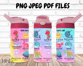 Kinder Schnabeltasse Png, Gott sagt, ich bin Png, Schrift Png, Becherverpackung Png, Bibelvers Png, Sublimationstasse wickeln, Kinderwasserflaschendesign