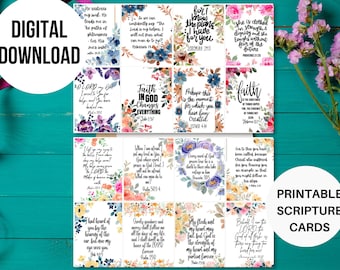 Printable Scripture Cards, Floral Scripture, Bible Verse Cards, Motivational Cards, Scripture Memory, Set Of 16 Cards, Bible Memorazition