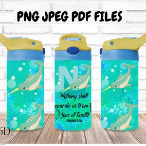 May include: A blue and yellow water bottle with a narwhal design and the text "Nothing shall separate us from the love of God." The bottle has a turquoise background with bubbles and the letter "N".