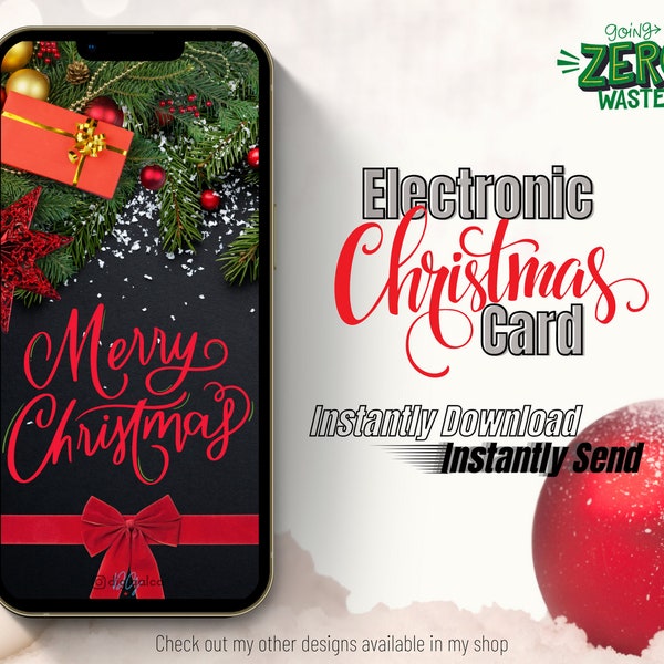 Electronic Christmas Card | Merry Christmas eCard on Black, Send via WhatsApp, eMail, Text, Messenger, DM