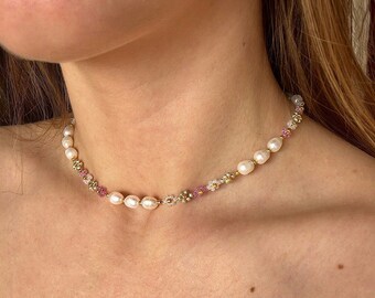 Coquette Aesthetic Flower Pearl necklace Pink Dainty Cute Beaded Freshwater necklace Daisy chain gemstone choker Christmas Mothers gift