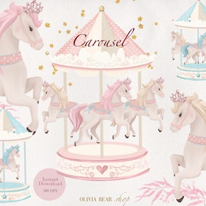 Carrousel Aquarelle Clipart, Carrousel Cheval, Carrousel Nursery Art Utilisation commerciale , Baby Shower, Carrousel Poney, Clipart d’anniversaire, Chevaux
