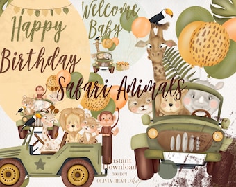 Jungle watercolor animal clipart, jungle nursery, jungle baby shower, safari animal graphic PNG, baby elephant, baby lion, baby giraffe PNG