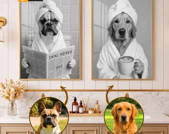 Custom Pet Portrait Bathroom Art, Dog Reading Newspaper on Toilet, Dog in Bathtub, Funny Pet Gift, Personalized Wall Decor for Pet Owners