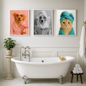 Custom Pet Portrait Bathroom Art, Dog Reading Newspaper on Toilet, Dog in Bathtub, Funny Pet Gift, Personalized Wall Decor for Pet Owners