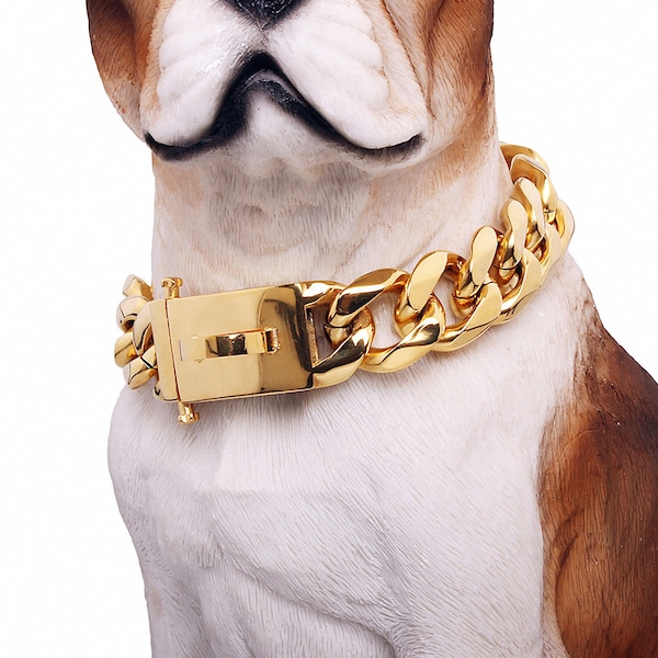 Chaîne pour chien à maillons cubains 19 mm, collier en chaîne en or pour chien, collier en chaîne en métal, solide et résistant, résistant à la mastication pour chien de taille moyenne