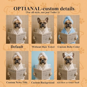May include: A grid of six images showing a French Bulldog wearing a bathrobe and towel, reading a newspaper titled DOG NEWS. Variations include different robe colors, a blue background, a custom news title, and a bow with glasses on the dog.
