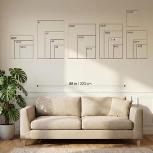 May include: A beige sofa sits below a wall display of various rectangular frame size outlines labeled with dimensions in inches, including 20x20, A1, 24x30, 20x30, 11x14, and 18x24. A horizontal arrow indicates a total width of 88 inches above the sofa.