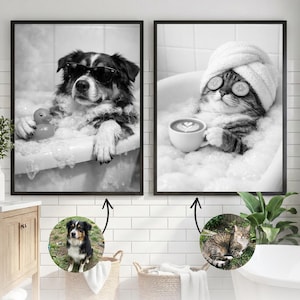 May include: Two framed black and white prints. One shows a dog in sunglasses in a bubble bath with a rubber duck. The other shows a cat in a bubble bath with cucumber slices on its eyes and a cup of coffee.