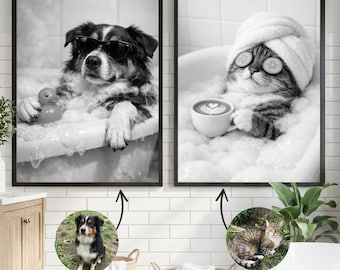 Custom Pet Portrait, Funny Bathroom Art, Pet in Bathtub, Dog Bathroom Wall Art, Cat in Bubble Bath, Personalized Pet Gift, Pet Lovers Gift