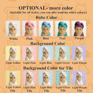 May include: A digital chart displaying color options for a cat wearing a white towel wrap. The chart includes sections for robe colors in white, pink, blue, teal, and purple, plus background colors and tiled backgrounds in yellow, pink, blue, green, and purple.