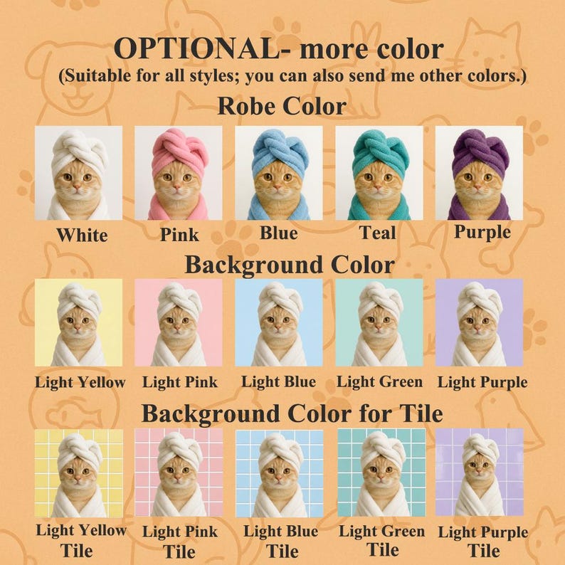 May include: A digital chart displaying color options for a cat wearing a white towel wrap. The chart includes sections for robe colors in white, pink, blue, teal, and purple, plus background colors and tiled backgrounds in yellow, pink, blue, green, and purple.