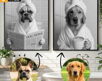 Ritratto di animale domestico personalizzato, arte da bagno, cane che legge il giornale sul water, cane nella vasca da bagno, regalo divertente per animali domestici, decorazione murale personalizzata per proprietari di animali domestici