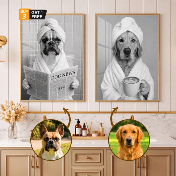 Custom Pet Portrait Bathroom Art, Dog Reading Newspaper on Toilet, Dog in Bathtub, Funny Pet Gift, Personalized Wall Decor for Pet Owners