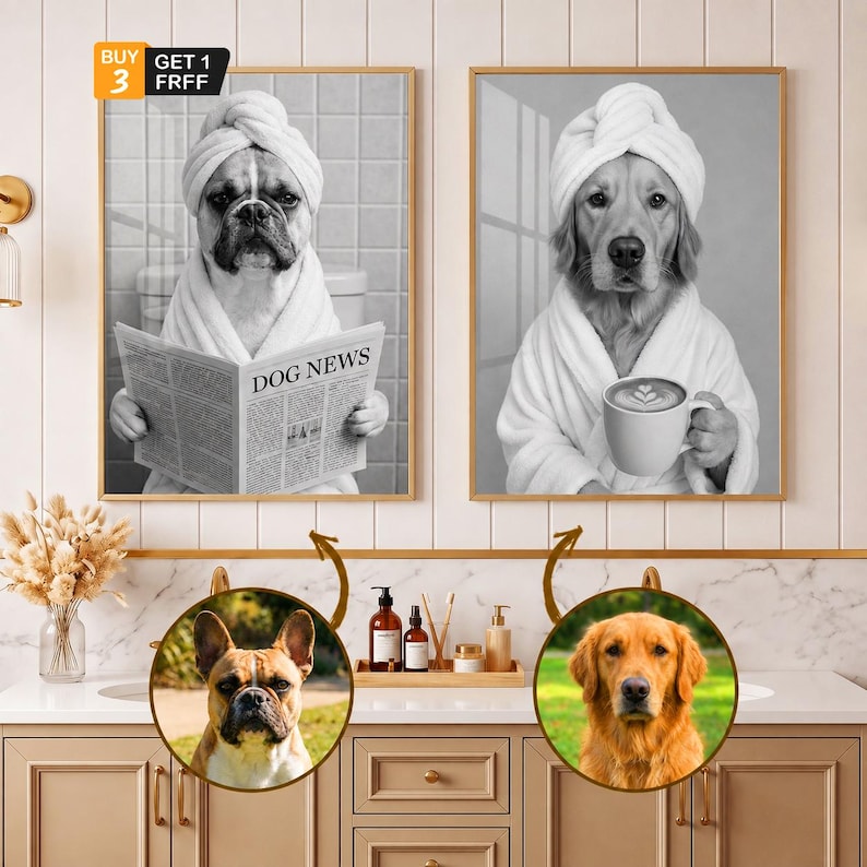 May include: Two framed black and white wall art prints featuring dogs in bathrobes and towels. The left print shows a French Bulldog reading a newspaper titled DOG NEWS. The right print shows a Golden Retriever holding a white coffee mug.