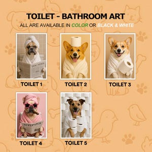 Custom Pet Portrait Bathroom Art, Dog Reading Newspaper on Toilet, Dog in Bathtub, Funny Pet Gift, Personalized Wall Decor for Pet Owners image 2