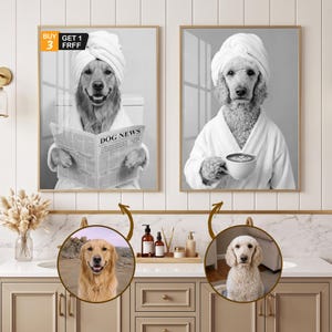 May include: Two framed black and white wall art prints featuring dogs wearing white bathrobes and towels on their heads. One dog reads a newspaper titled DOG NEWS, while the other holds a coffee cup. A small badge says BUY 3 GET 1 FREE.