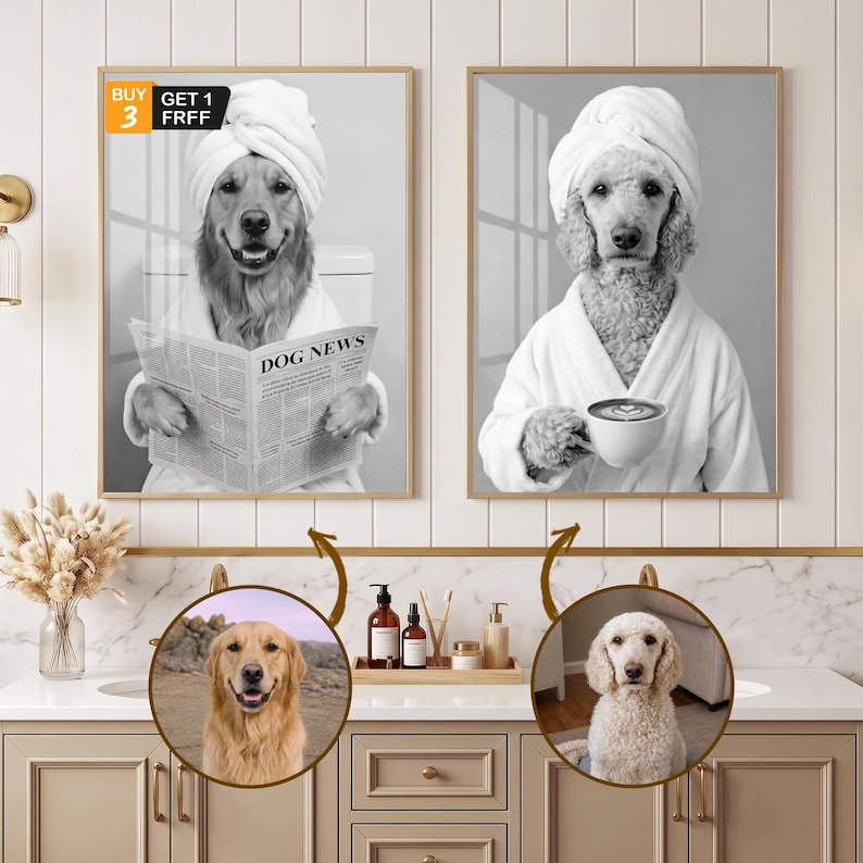 May include: Two framed black and white wall art prints featuring dogs wearing white bathrobes and towels on their heads. One dog reads a newspaper titled DOG NEWS, while the other holds a coffee cup. A small badge says BUY 3 GET 1 FREE.
