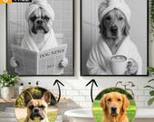 Custom Pet Portrait Bathroom Art, Dog Reading Newspaper on Toilet, Dog in Bathtub, Funny Pet Gift, Personalized Wall Decor for Pet Owners