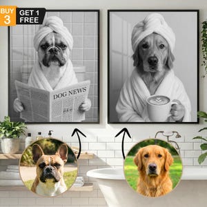 May include: Monochrome framed prints of dogs in a bathroom setting. One dog reads a newspaper with "DOG NEWS" on the front, the other holds a coffee cup. The art has a humorous theme, suitable for a bathroom.