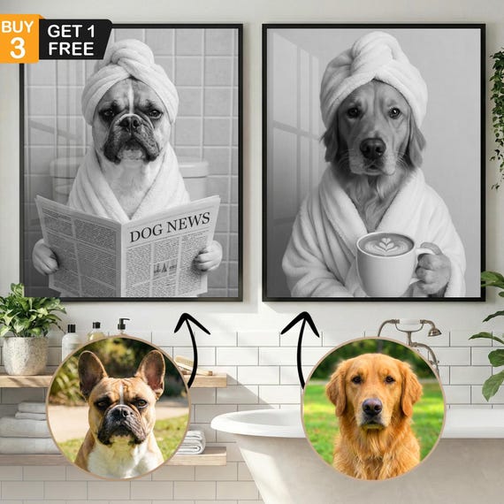 Custom Pet Portrait Bathroom Art, Dog Reading Newspaper on Toilet, Dog in Bathtub, Funny Pet Gift, Personalized Wall Decor for Pet Owners