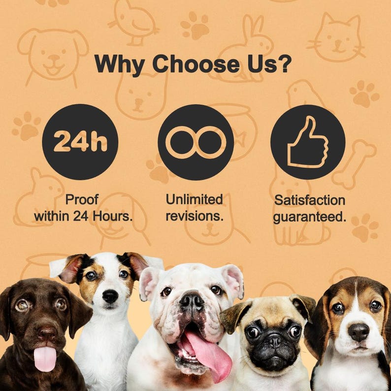 May include: A light orange graphic featuring the text Why Choose Us? above three black circular icons representing 24h proof, unlimited revisions, and satisfaction guaranteed. Below, five dog portraits include a brown, white, and black puppy.