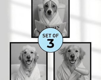 Funny Pet Portrait,Custom Dog Bathroom Art Digital Download (Set of 3)