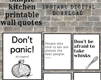 Cute Punny Kitchen Wall Art Prints Imprimibles digitales neutros modernos en blanco y negro