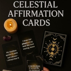 May include: Black affirmation cards with gold celestial designs and text. The cards are arranged with a lit candle, a purple crystal, and a box with a celestial design. The text on the cards reads "CELESTIAL AFFIRMATION CARDS".