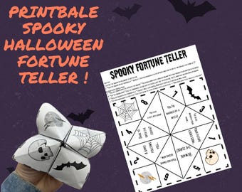 May include: A printable spooky Halloween fortune teller game. The fortune teller is a folded paper with a skull, a bat, a spider web, and a lightning bolt. The fortune teller is folded into a square with eight numbered squares. Each square has a different fortune written inside. The fortunes include "You're marked by a witch", "The curse begins now", "Your future looks grim", "A spirit follows you", "Dare to open the coffin?", "You have a date with doom", "Beware the curse!" and "I love you!"