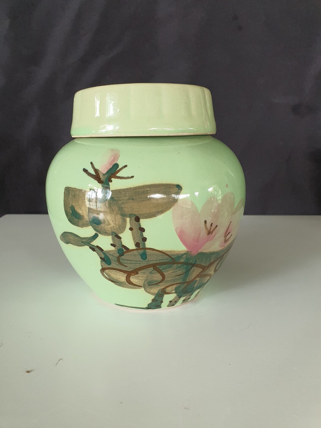 Green Glaze Ceramic Ginger Jar With Lid Hand Painted Pink Etsy