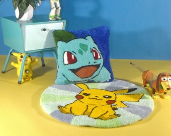 Pre Order | Pikachu back and Bulbasaur cushion | colorful handmade rug from Pokémon. 66x69 cm - Non-slip