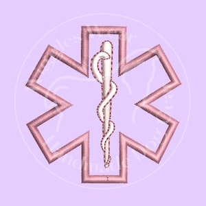 May include: A pink embroidered medical symbol, known as the Star of Life, with a white caduceus in the center.