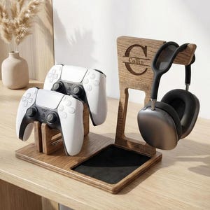 Soporte de madera personalizado para juegos: organizador de mandos y auriculares