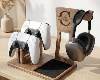 Personalisierter Gaming Ständer aus Holz – Controller & Kopfhörer Organizer