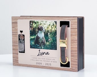 Custom Pet Keepsake Urn with print Photo, Name, Quote & Fur Memory Bottle, Collar Display Box
