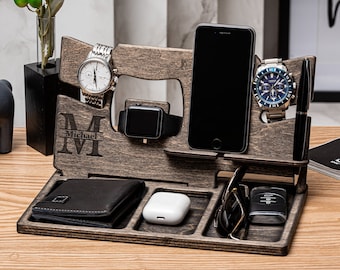 Wood Docking Station . Mens Tech Christmas Gift . Desk Organizer . Custom thoughtful Present