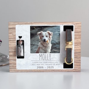 Elegant Pet Urn with Personalized Tribute & Fur Keepsake, Memory urn for cat, Photo dog memorial box with fur memory bottle