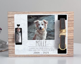 Elegant Pet Urn with Personalized Tribute & Fur Keepsake, Photo Dog Memorial Box with Fur bottle and Collar Holder
